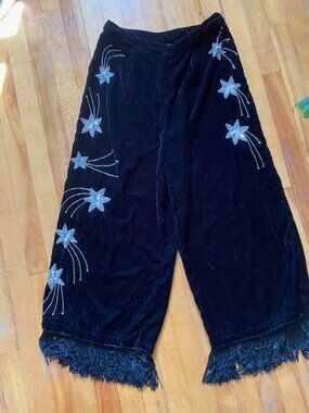 Top Shop Black Velvet Tassel Wide-Leg Pant with Silver Stars